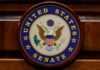 United States Senate seal on a wooden wall