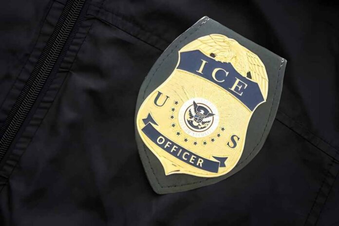 2704937339 ICE officer badge on a dark uniform