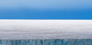 Ice cliff along a polar glacier under a blue sky