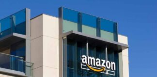 amazon logo on modern glass office building