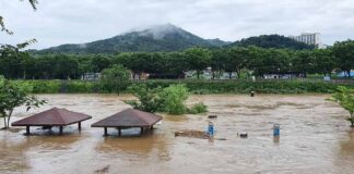 Rising floodwaters submerge riverside park shelters