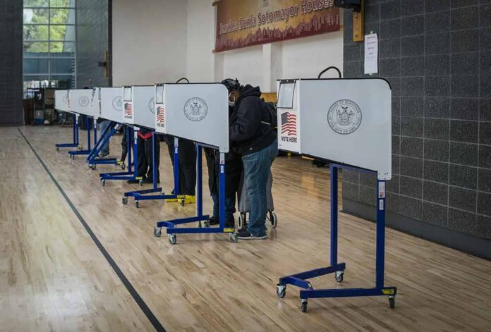 shutterstock_1846768891 Voters at polling booths in a gymnasium