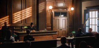 Judge presiding in a wood-paneled courtroom