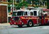 Fire truck turning on a city street