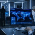 Analyst monitors world map data on large screen in control room