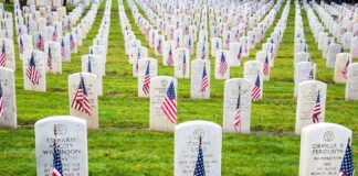 Rows of grave markers adorned with American flags in a military cemetery