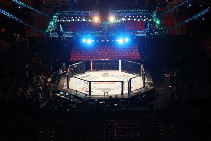 MMA octagon cage under arena lights