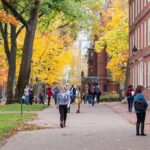 Students walking through a leafy campus path in autumn