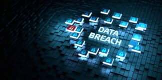 Cybersecurity concept with data breach alert and padlock icons