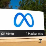Meta logo sign at 1 Hacker Way outside headquarters