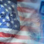 American flag overlay on US currency and financial chart