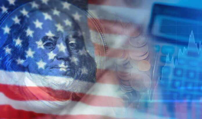American flag overlay on US currency and financial chart