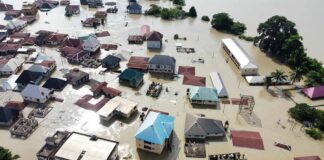 Aerial view of flooded residential neighborhood