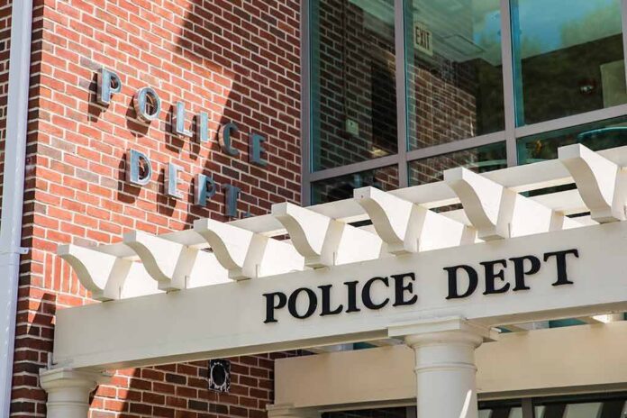 shutterstock_2302194979 Police department entrance with pergola and brick wall