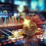 Ethereum coin on a reflective surface with trading chart in background
