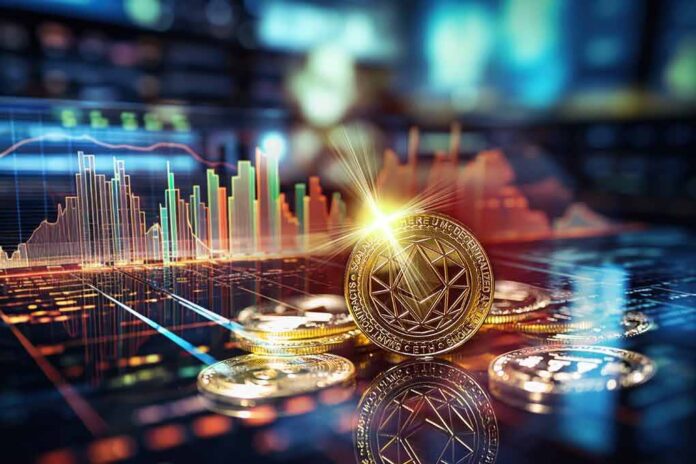 Ethereum coin on a reflective surface with trading chart in background