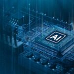 AI chip on a circuit board glowing in blue