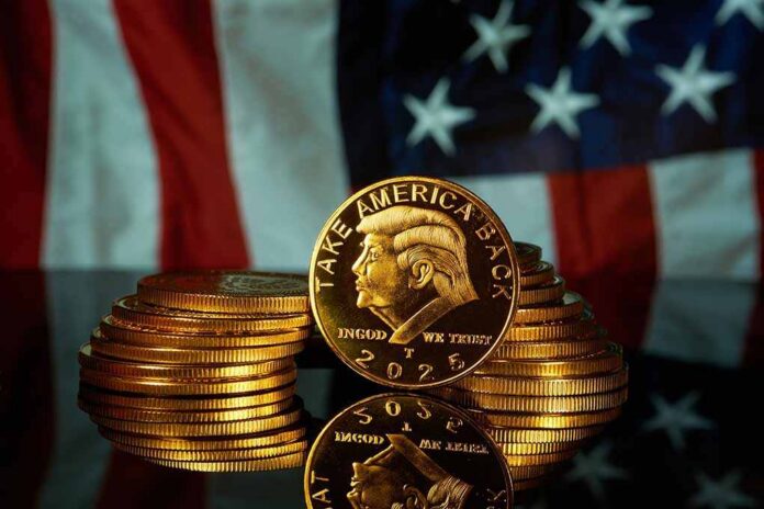 Gold commemorative coins stacked with a profile portrait in front of a U.S. flag