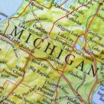 Map of Michigan highlighting central and northern towns and lakes