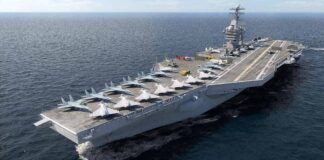 Aircraft carrier at sea with fighter jets on deck