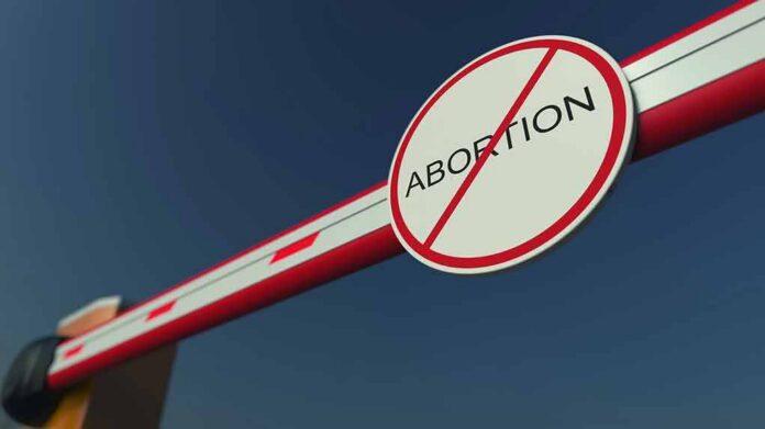 shutterstock_1052576012-1 Barrier arm with no abortion sign against blue sky