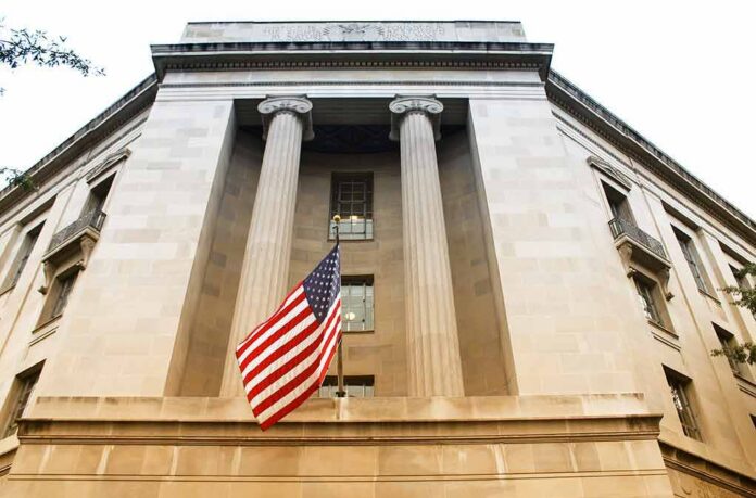 American flag hanging on a neoclassical government building