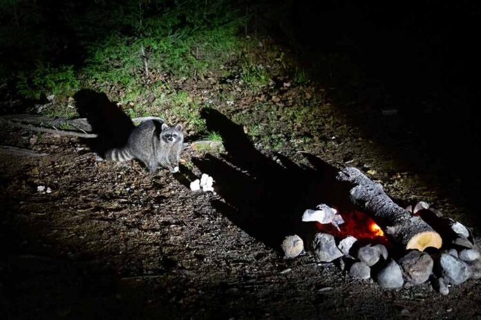 Raccoon near a smoldering campfire at night