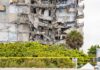 Partially collapsed apartment building with exposed interiors