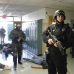 Police officers responding to a school emergency with students on the floor